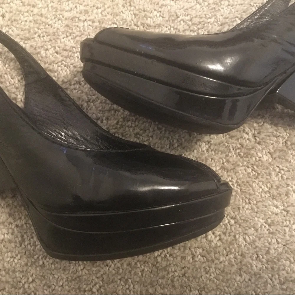 FENDI Black Patent Leather Slingback Logo Heel Peeptoe Sandals 36